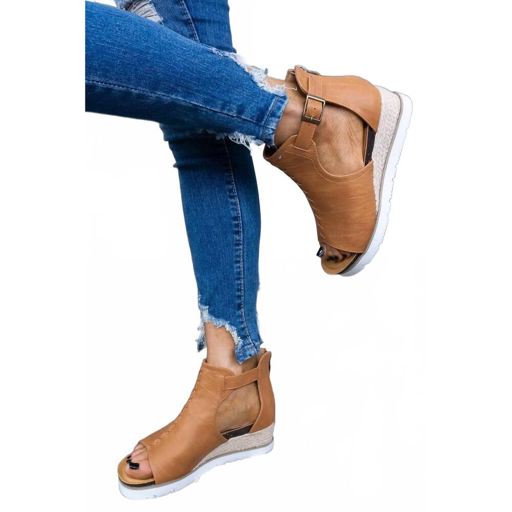 NEW DEAR LOVER women's cutout buckle platform espadrille sandals in brown